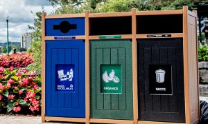 Recycling, Compost and Garbage bins in a park
